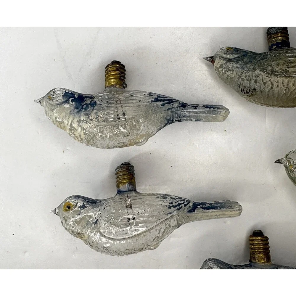 Bird Light Bulb Ornament Clear Glass Painted Blue Old• 5 Pc • Christmas Vintage
